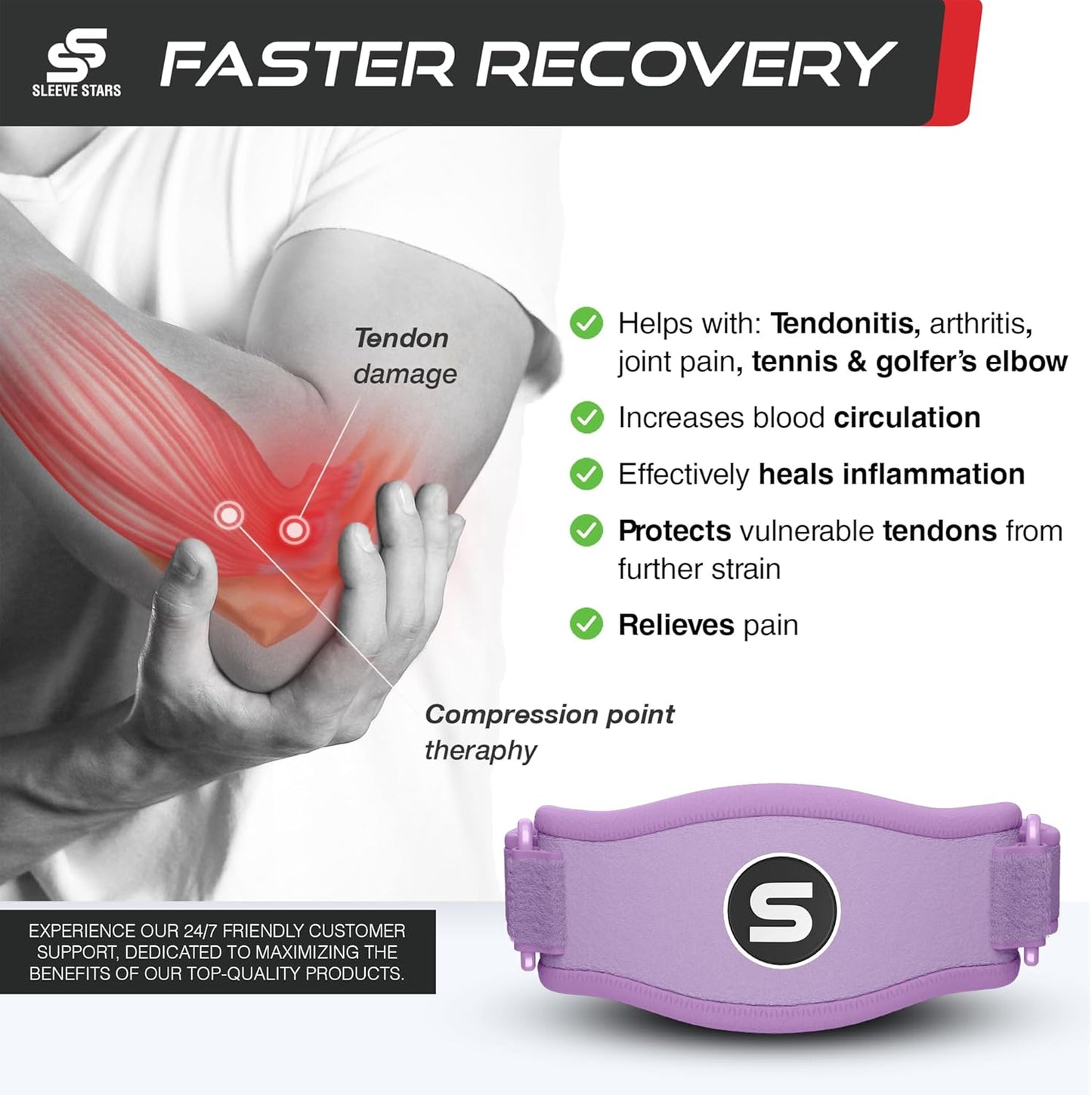 Sleeve Stars Tennis Elbow Brace for Women - Adjustable Tennis Elbow Strap, Golfers Elbow Brace for Men, Counterforce Brace for Tennis Elbow for Tendonitis Relief, Fits 9"-23" (Pair/Light Purple)