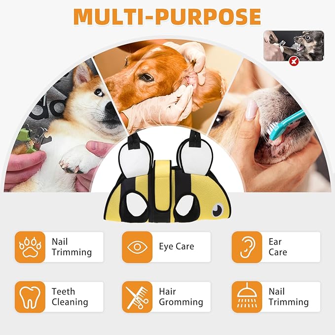 Dog Grooming Hammock for Small Dogs Cats, Cute Bee Design Dog Hanging Harness for Nail Trimming/Clipping, Pet Sling with Grooming Kit and Thick Neck Support & Strap Restraint Claw Care, M