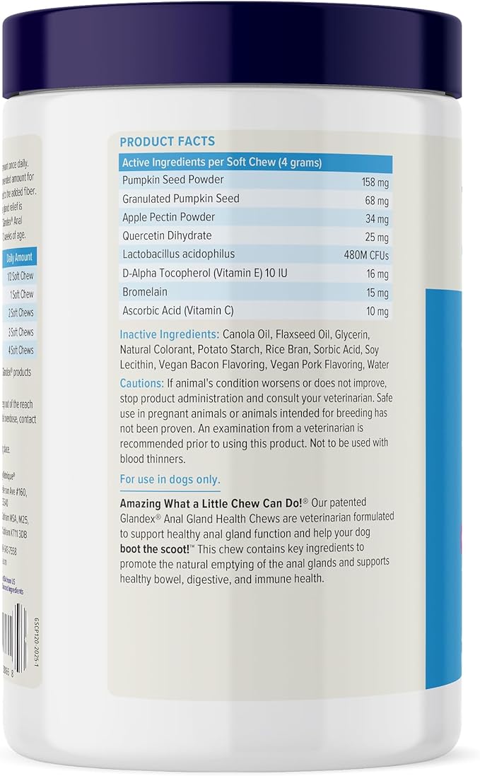 Vetnique Labs Glandex Anal Gland Soft Chew Treats with Pumpkin for Dogs Digestive Enzymes, Probiotics Fiber Supplement for Dogs Boot The Scoot (Bacon/Pork Chews, 120 Count)