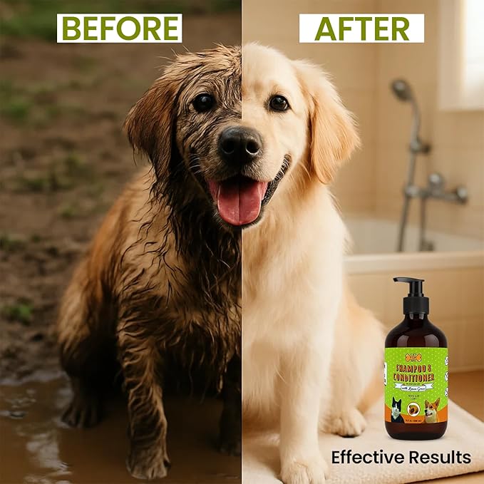 POM Pets 2-in-1 Organic Dog Shampoo & Conditioner – Itchy Skin Relief, Dog Deshedding, Detangles Fur, Cat Shampoo, Paw Cleaner for Dogs, Natural Coat Defense Formula