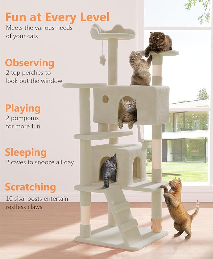 60'' Cat Tree Tower for Indoor Cats Large Adult,Cute/Tall Modern Cat Tree for Big Cats 20 lbs, Plush Multi-Level Cat Condo with Scratching Posts, Dangling Ball Indoor (Beige, 60 inch)