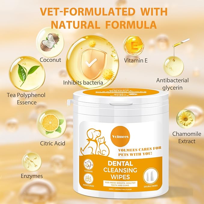 Pet Dental Finger Wipes for Dogs and Cats, Dog Teeth Cleaning Wipes, Dog Dental Care Wipes, Reduce Plaque & Tartar Buildup, Freshen Breath, Cleaner Mouth, Coconut Scent, 50Pcs