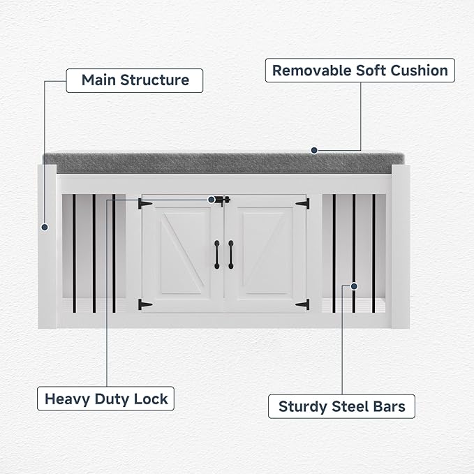 Dog Crate Furniture with Padded Seat, Luxury Wooden Dog Kennel, End of Bed Bench Ottoman with Removable Cushion for Bedroom, Living Roome, White