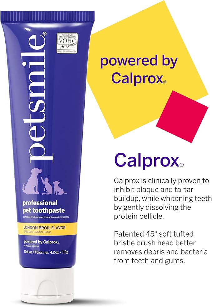 Petsmile Professional Pet Teeth Brushing Kit for Cats & Dogs- Only VOHC Accepted Toothpaste & Patented Toothbrush - Proven to Control Plaque & Tartar Calprox Formula (London Broil, 4.2 Oz)