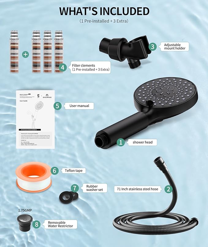 Filtered Shower Head with Handheld, High Pressure 9 Spray Mode Matte Black Showerhead with 4 Filters, Detachable Shower Head, Water Softener Filters Beads for Hard Water - Remove Chlorine