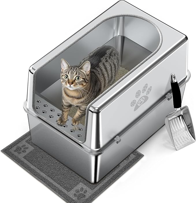 Enclosed Stainless Steel Cat Litter Box with Lid, Metal Litter Box for Big Cats, Extra Large Cat Toilet with High Side, Non-Stick, Anti-Leakage, Odorless, with Cats Litter Mat & Litter Scoop