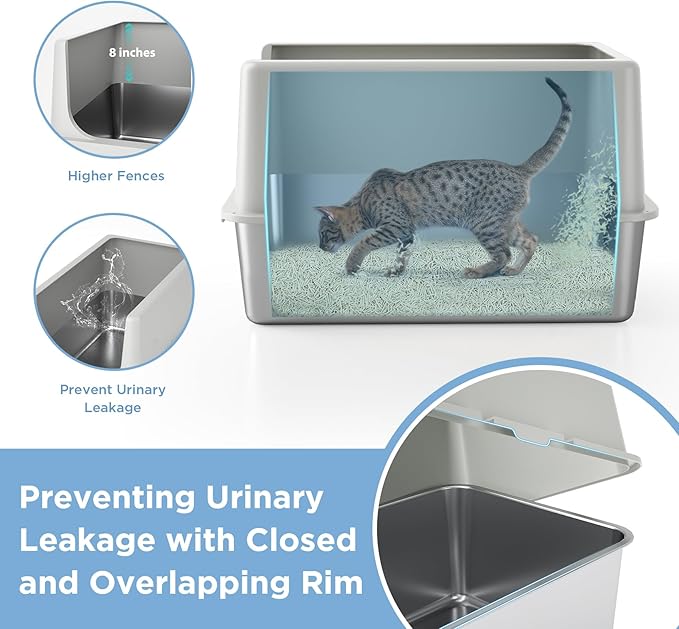 LIHONG Stainless Steel Cat Litter Box, XL Metal with Lid, Cat Litter Pan for Large Cats, Non-Sticky Large Kitty Litter Box, Anti-Leakage, 23.5" X 15.5" X 14" XXL