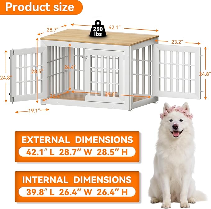 42" Heavy Duty Dog Crate Furniture for Small,Medium and Large Dogs,Rustic Wooden Dog Cage Kennel Indoor Furniture with Waterproof Top,Decorative Pet House Side End Table (White & Wood)
