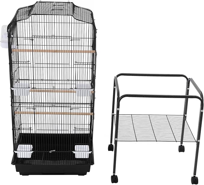 Freestanding Bird Cage Large Bird Cage with 4 Feeding Bowls & Waterer & 4 Universal Wheels & 2*Brake & Storage Rack & Slide-Out Tray & Mesh Panel Budgie Aviary for Balconies, in Homes, Shop（Black）