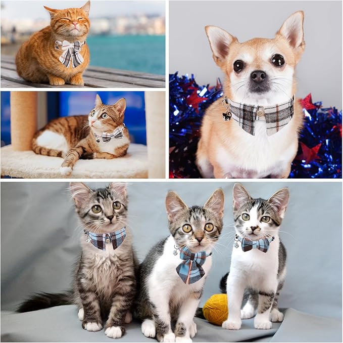 Cat Collar with Bells Breakaway, Shirt Cat Collar for Girl Boy Cats with Removable Bow Tie Collar, 2 Pack Cute Plaid Kitten Collar Bowtie for Female Male Puppy Pets Safety Adjustable