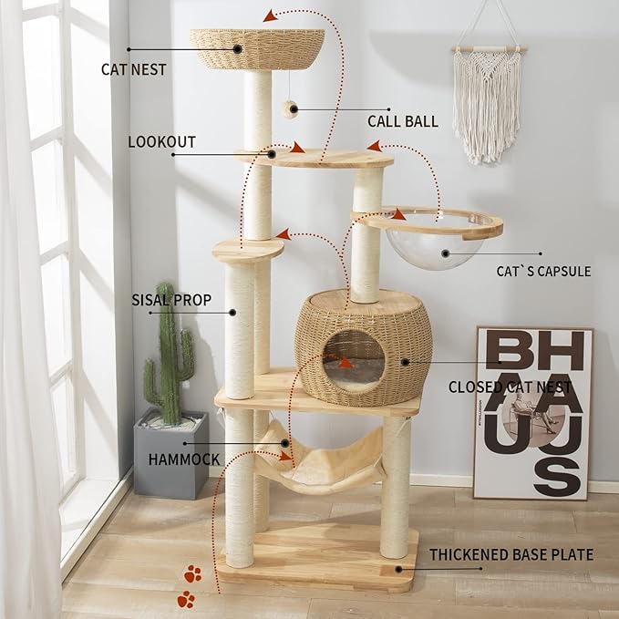 59" Big Modern Cat Tree Tower, Cat Tower Sisal-Covered Scratching Posts for Indoor Cats, Oak Wood Cat Tree for Large Cats, Multi-Level Cat Condo with Space Capsule Nest, Cat Furniture Activity Centre