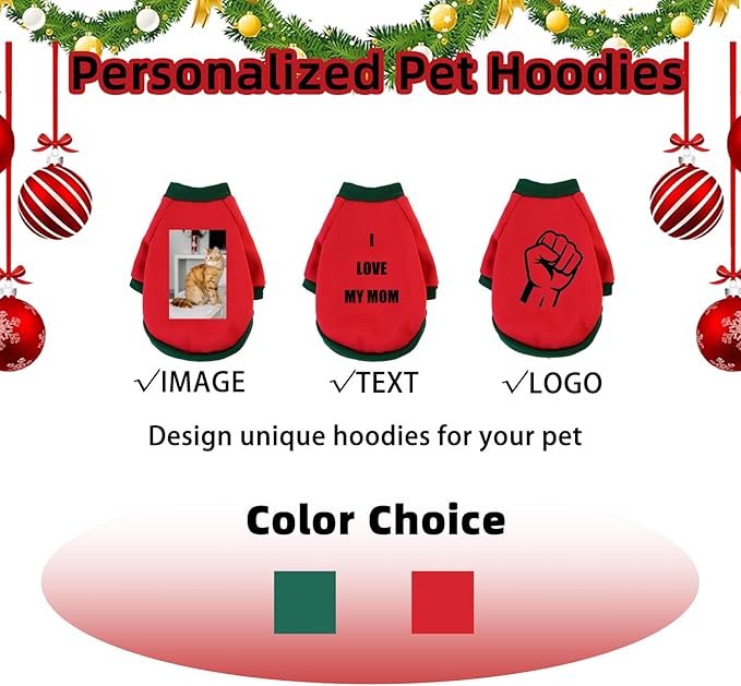 Custom Dog Hoodie, Personalized Sweatshirt with Photo Text Name Logo, Customized Hooded Sweater for Small Medium Large Dogs & Cats (Red + Green Sleeves, XXX-Large)