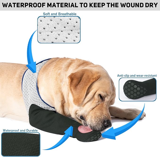COODEO Dog Socks to Prevent Licking Paws, Healing Boots & Paw Protectors with Non-Slip Bottoms for Wound Protection, Waterproof Sleeve Shoes for Licking（Grey，2XL_Right