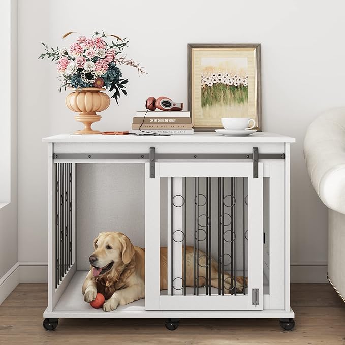 IchbinGo Large Dog Crate Furniture with Sliding Barn Door, 43.7" Wooden Dog Kennel End Table with Wheels and Flip-top Plate Dog House with Detachable Divider for Small/Medium/Large Dog (White)