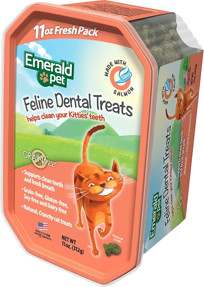 Feline Dental Treats — Tasty and Crunchy Cat Dental Treats Grain Free — Natural Dental Treats to Clean Cat Teeth, Freshen Cat Breath, and Reduce Plaque and Tartar Buildup — Salmon Treats, 11 oz