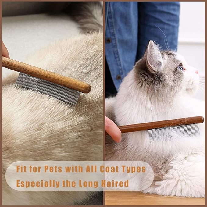 Dog Cat Comb with Solid Wood Handle Stainless Steel Teeth, Professional Pet Grooming Supplies Accessories Perfect for Honghair Hairy Pets