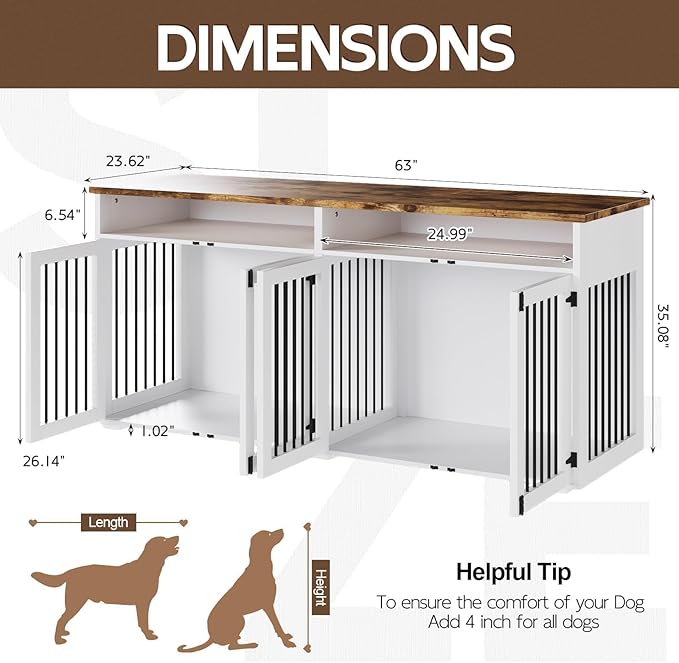 63'' Dog Crate Furniture for 2 Dogs, Wooden Dog Cage with Storage Compartment, Indoor Dog Kennel with 4 Doors for Large/Medium Dogs, White