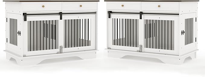 Dog Furniture Crate, 47" Large Dog Crate Furniture w/ 2 Storage Draws & Removable Divider for Large/Medium/Small Dogs (White, Double Cage)