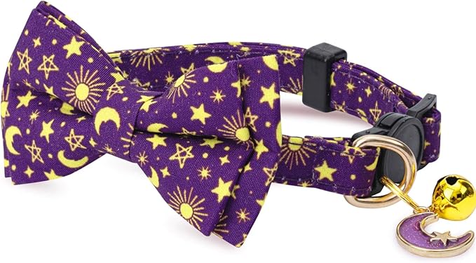 2 Pack Cotton Cat Collar with Bow Tie and Bell for Girl Boy Cats,Cute Pink Flamingo and Blue Whale Pattern Spring Summer Breakaway Cat Collar for Male Female Cats (Star&Moon)