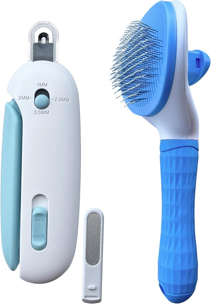 Pet Gromming Kit Nail Clipper&Hair Brush for Dog&Cat Brush Self Cleaning Slicker Brush with Release Button, Dog Shedding Brush for Cat Grooming Comb Rabbit Nail Clipper with Nail File Dog Claw Trimmer