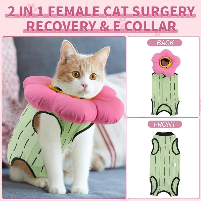 EMUST Cat Recovery Suit and Cone Collar - Cute Surgical Suit for Abdominal Wounds or Skin Diseases, Adjustable Flower Neck Collar Soft for Cats 4-8lb (Green, M)