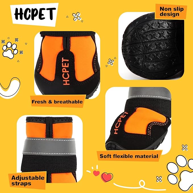 Hcpet Dog Shoes, Dog Boots for Small Dogs, Waterproof Medium Dog Booties Paw Protector for Summer Hot Pavement, Winter Snowy Day, Outdoor Walking, Indoor Hardfloors Anti Slip Sole Orange Size 1