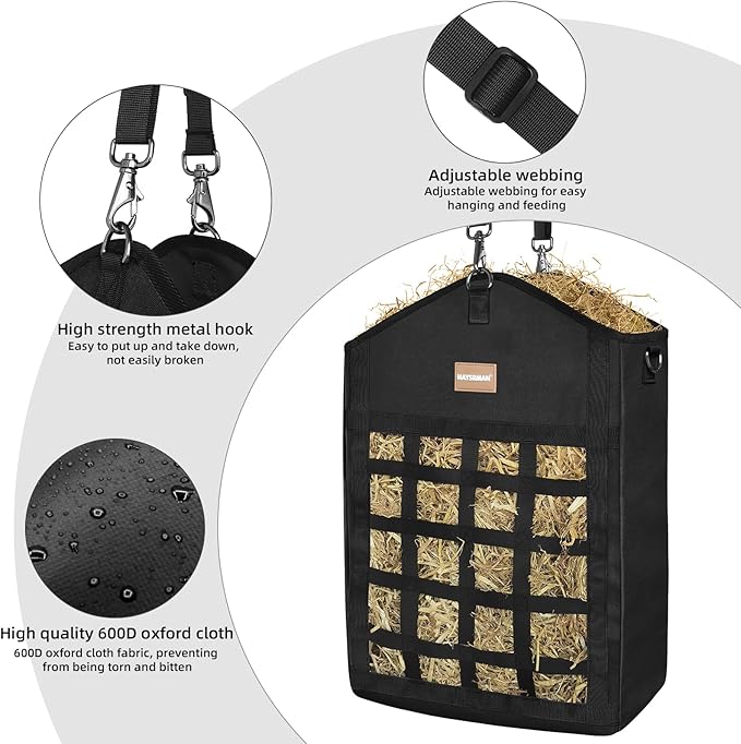 Innovative Hay Bags for Horses, Goat Hay Feeder with Reinforced Oxford Fabric and High Strength Metal Clasp,Horse Feeding Supplies with Adjustable Strap for Easy Hanging (2 Black+1 Purple)