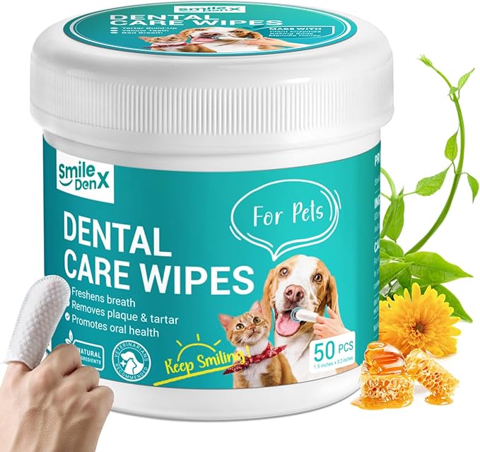 Dog Dental Care Finger Wipes - Teeth Cleaning Finger Wipes for Dog & Cats - Tooth Brushing Kit Dental Wipes for Dog - Reduces Plaque & Freshens Breath (50 PCS, Beef)