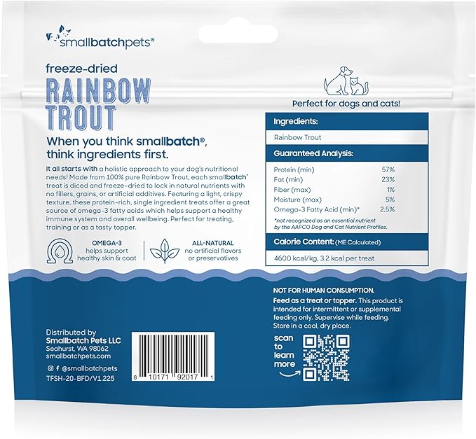 smallbatch Pets Freeze Dried Cat & Dog Treats, 2oz - Rainbow Trout, Organic High Protein Treats, Omega 3 Fatty Acids, Gluten Free, Grain Free, Made in The USA, Ethically Sourced, Single Protein