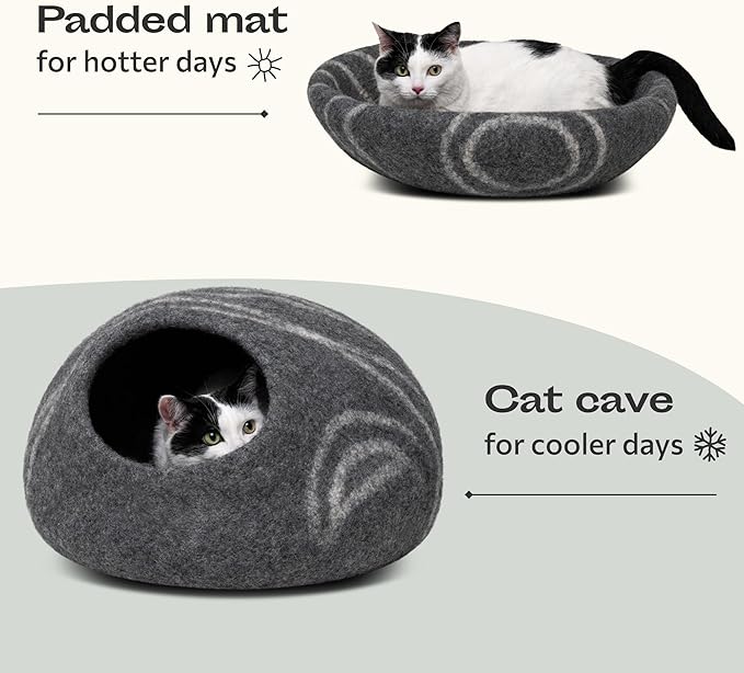 MEOWFIA Cat Cave – Premium Felt Cat Bed for Indoor Cats, Handmade 100% Merino Wool (Large, Dark Grey)