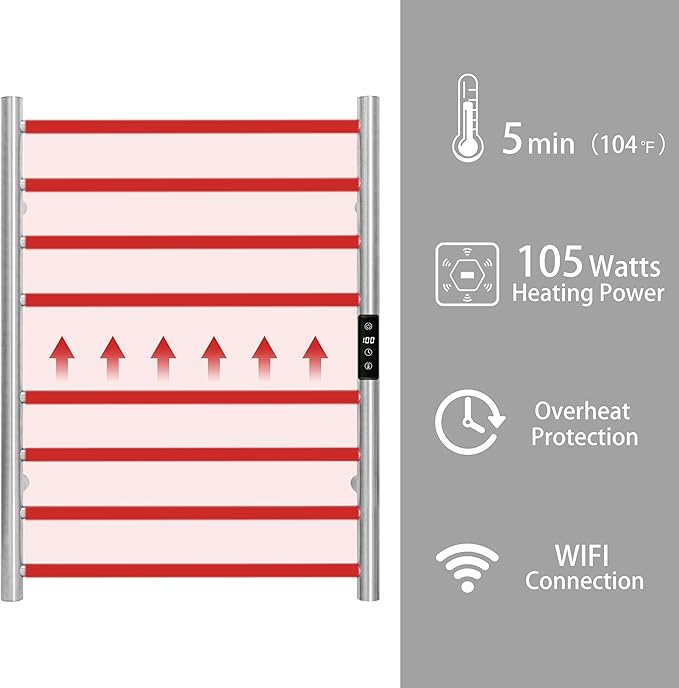 KEG Smart WiFi Towel Warmer Wall Mounted with Built-in Timer and Temperature Adjust Control, 8 Bars Electric Stainless Steel Heated Towel Racks for Bathroom Brushed Nickel