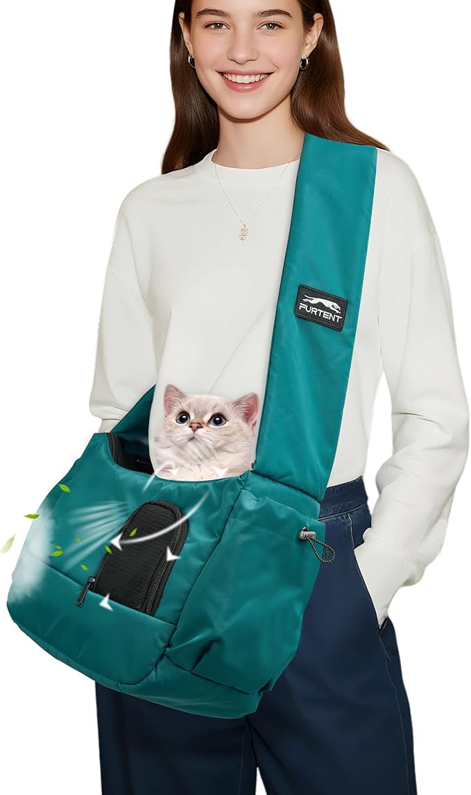 Dog Sling Carrier for Small Pets, Hands-Free Cat Carrier Pouch up to 8.8 lb, Cat Sling with Safety Strap and Pockets, Ideal for Travel and Daily Use, Peacock Blue