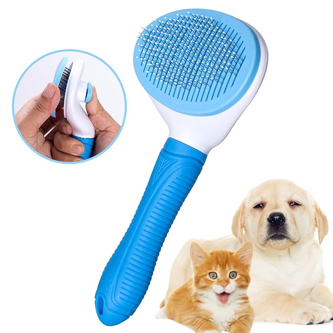 Self Cleaning Slicker Brush for Pet Grooming - Removes Loose Undercoat and Sheds, Suitable for Long and Short Hair Cats and Dogs, with Massaging Bristles
