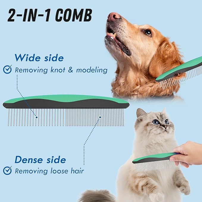 Pet Grooming Brush and Metal Comb Combo, Cat Brush Dog Brush for Shedding, Undercoat Rake for Dogs Grooming, Dematting Deshedding Brush Dogs Shedding Tool for Long matted Haired Pets, Green