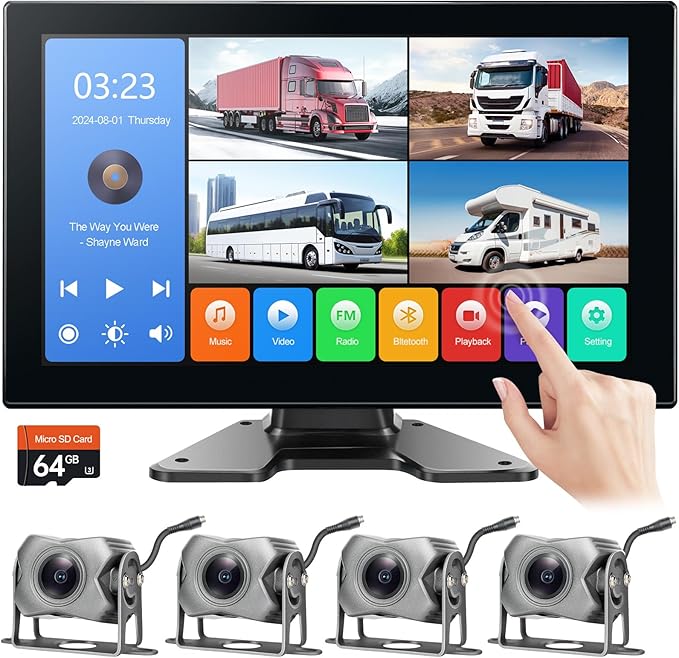 4-Channel 1080P Backup Camera for Truck/RV/Semi Trailer/Van/Cars 10.2inch Touch Monitor with DVR Recording/Playback/Bluetooth/FM Radio/Music/Video Player
