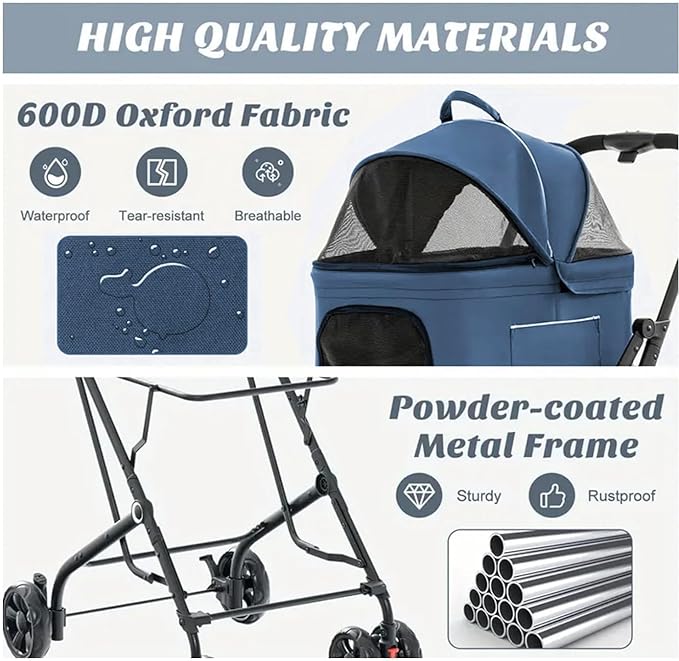 Pet Stroller with 2 Detachable Carriers, Folding Design, Large Capacity for Cats and Small Dogs, Navy, Medium