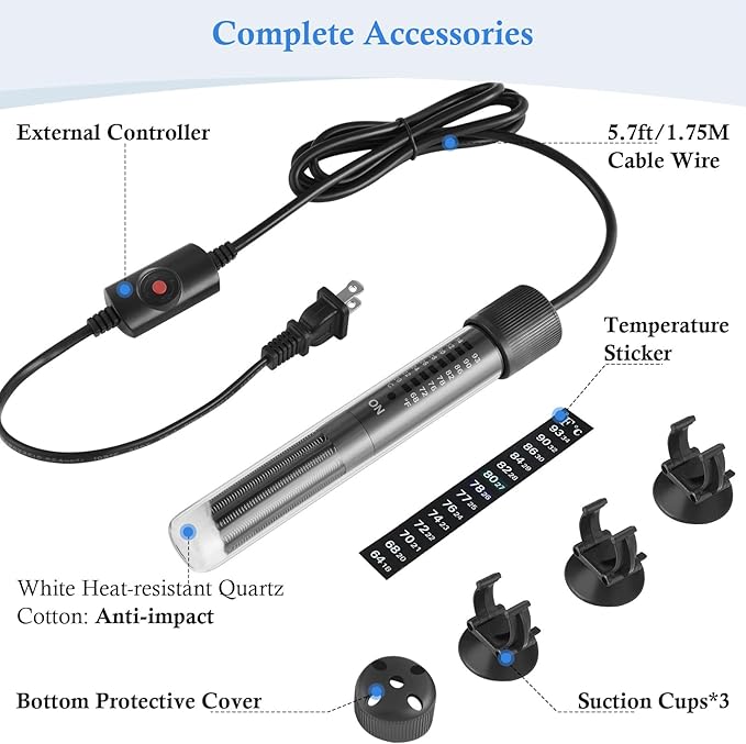HITOP Thickened Glass Aquarium Heater: 50W 100W 300W Upgraded Fish Tank Heater with Controller, Fish Tank Thermostat Heater for Seawater/Fresh Water 5-65Gal