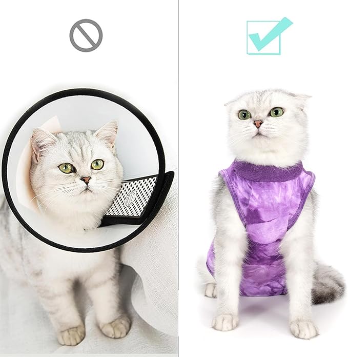 Cat Recovery Suit for Male and Female Surgical Post Surgery Soft Cone Onesie Tie Dye Cats Shirt Clothes Neuter Licking Protective Diapers Outfit Cover Kitten Spay Collar Alternative(Purple, S)