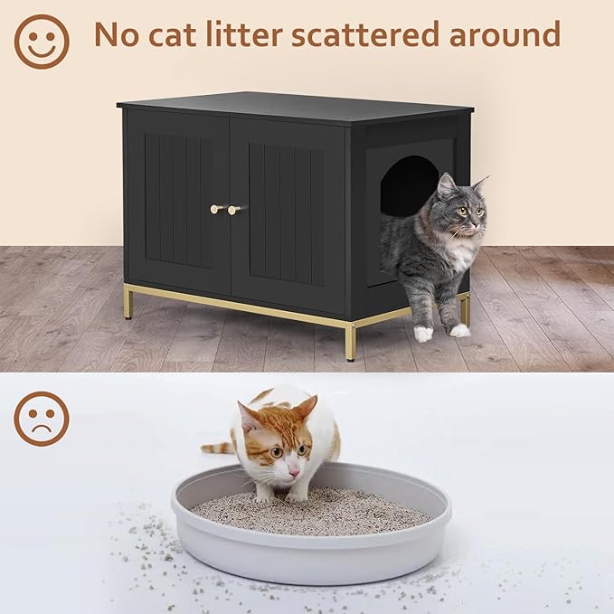 Homhedy Cat Litter Box Enclosure, Cat Washroom Furniture with Metal Frame, Pet House, Fit Most of Litter Box, Modern Style, Black and Gold