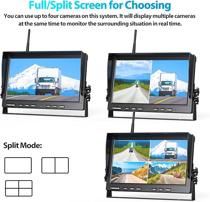 Fookoo HD 1080P 10" Wireless Backup Camera, 10-inch Dual/Quad Split Monitor, Supports 4 Cameras, IP69 Waterproof Rear View Camera Parking Lines, Recording w/ 32GB SD Card for RV/Trailer/Truck (DW101)