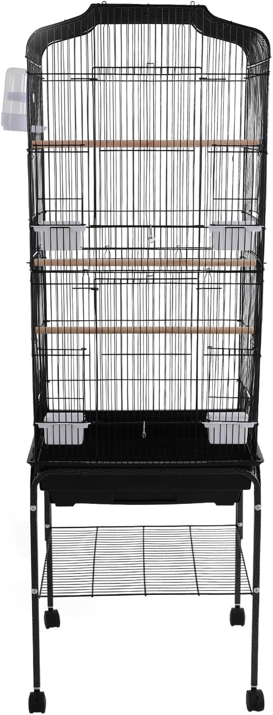 Freestanding Bird Cage Large Bird Cage with 4 Feeding Bowls & Waterer & 4 Universal Wheels & 2*Brake & Storage Rack & Slide-Out Tray & Mesh Panel Budgie Aviary for Balconies, in Homes, Shop（Black）