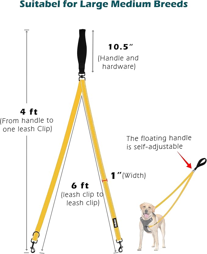 PetBonus Two Point Control Dog Leash, Works with No Pull Harnesses, No Tangle Training Leashes, Soft Padded and Reflective Walking Lead, Converts to Single Lead for Medium Large Dogs (Yellow)