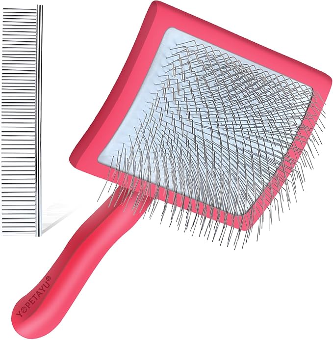 Dog Slicker Brush for Shedding and Grooming Medium or Long Haired Cats, Extra Long & Soft Pin Slicker Brush for Removes Loose Hair, Tangles, Knots, Undercoat, Free Pet Comb, Large Red