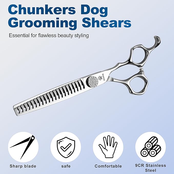 GLADOG 7" Chunkers Dog Grooming Scissors - Premium 9CR Dog Scissors for Grooming with Luxurious Diamond Nut，Ideal Dogs Shears for Reducing Bulk, Dogs Hair Scissor，Cat Scissor