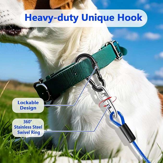 Heavy Duty Dog Tie Out Cable and Stake,30FT Rust Proof Dog Leads Cable for Yard with Swivel Hook,360°Swivel Spiral Dog Stake&Chain Up to 200 lbs,Removable Ground Anchor for Outdoor Beach Camping