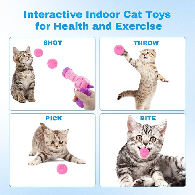 31Pcs Cat Ball Toy Launcher, 30Pcs Plush Fuzzy Balls, Cat Fetch Toy Gun Shooter for Indoor Kittens