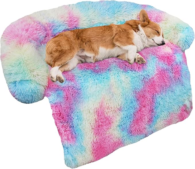 GGIB Calming Dog Bed Fluffy Plush Dog Mat for Furniture Protector with Removable Washable Cover for Large Medium Small Dogs and Cats (Medium, Rainbow)