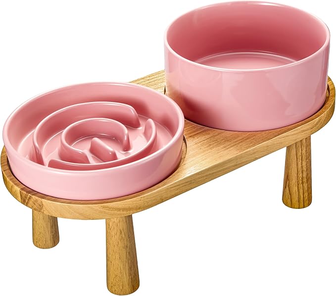 Ceramic Slow Feeder and Water Bowl Set for Small Dogs, Ceramic Dog Bowls Elevated with Wooden Stand, 0.6 Cups Dog Slow Feeder(14oz) and 30oz Water Bowl Set, Pink