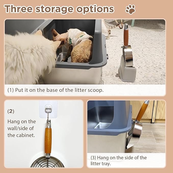 Cat Litter Scoop, Litter Scooper, Metal Cat Litter Scoop, Stainless Steel Cat Litter Scoop, Kitten Pooper Lifter, Kitty Metal Scooper with Holder for Cat Litter Box Round Holes Easy Cleaning