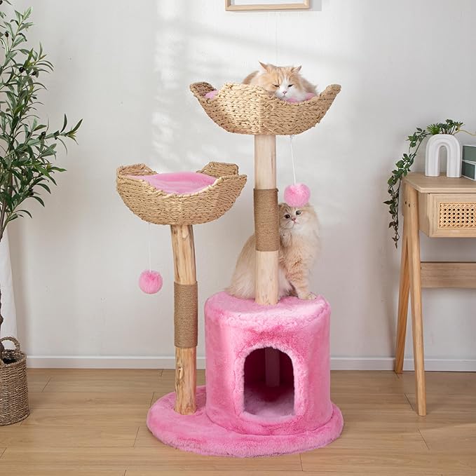 Modern Cat Tree for Indoor Cats, Large Adult 46" Tall, Wooden Cat Tower with Scratching Post, Luxury Cat Condo, Pink